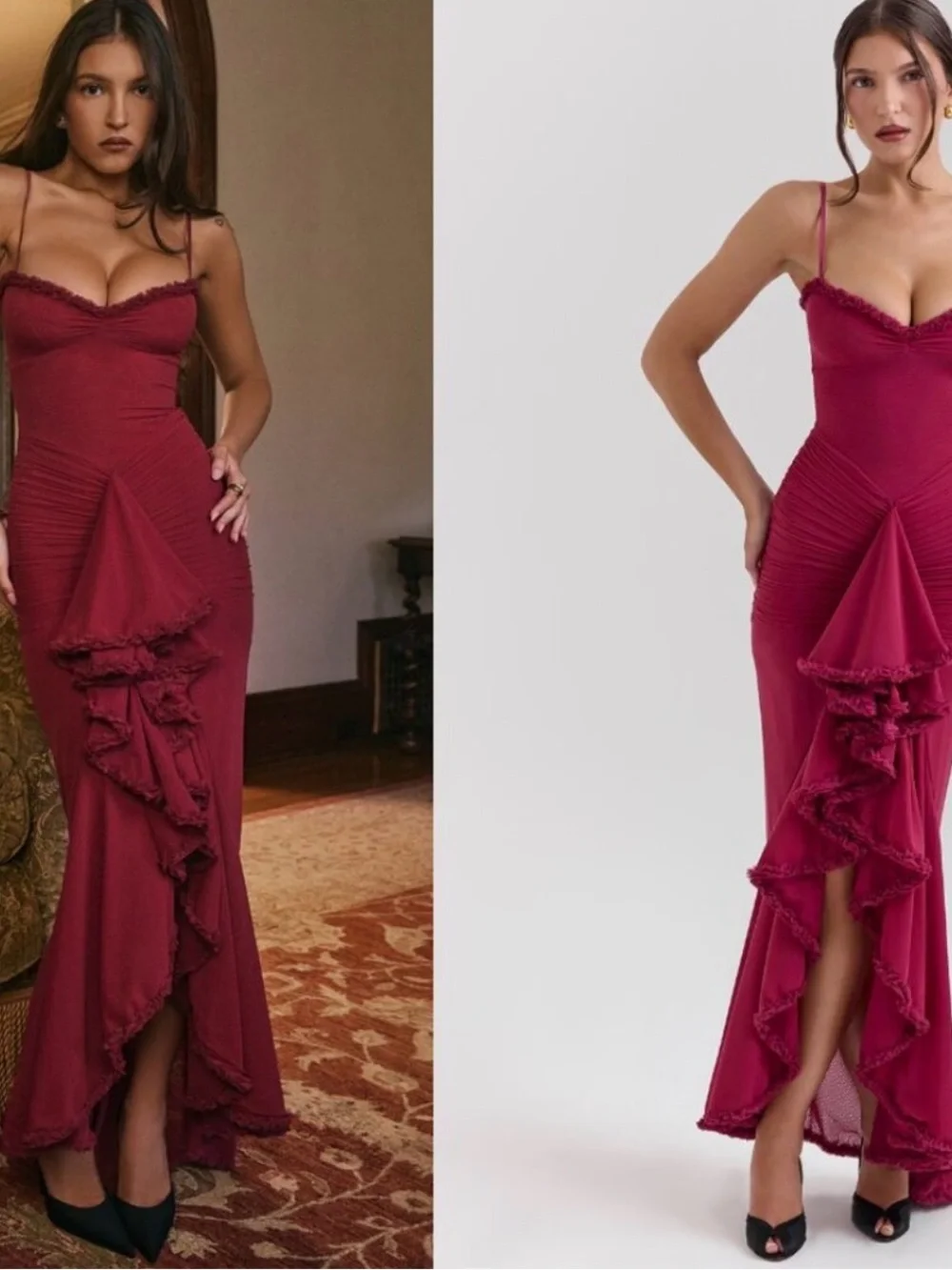 House of Cb “Gabbi” Dark Red- Burgundy Ruched Ruffle Maxi Dress